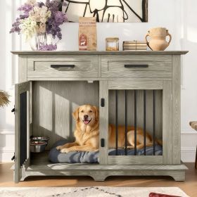 44.48" Large Dog Crate Furniture, Indoor Wooden Dog Kennel End Table with 2 Storage Drawers and Rotating Bowls (Color: Gray)